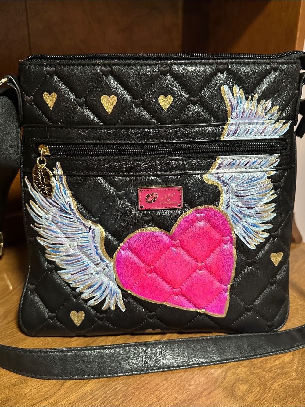 Hand Painted upcycle Black Quilted Crossbody Bag with Pink Heart and Wing Detail